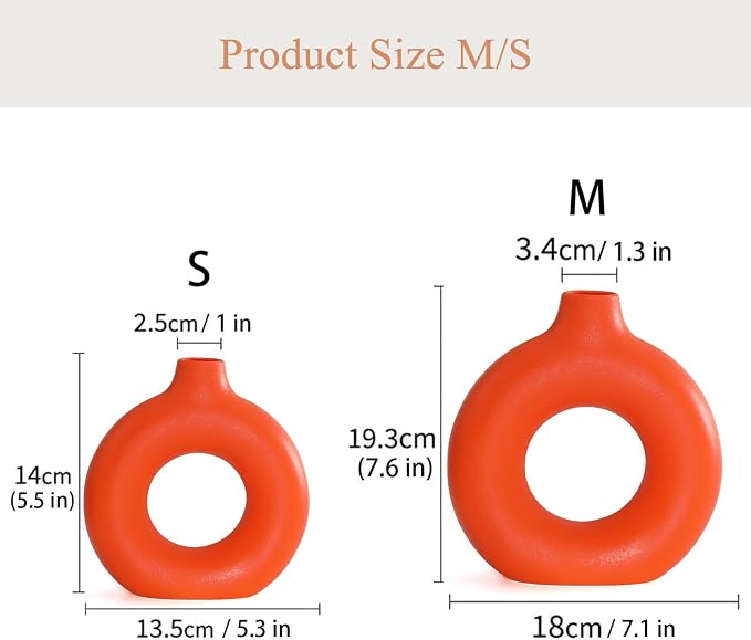 Orange Ceramic Donut Vase Set of 2, Hollow Round Matte Pampas Flower Vases for Boho Home Wedding Party Room Dinner Table Shelf Decor.（Orange）