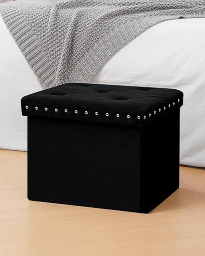 B FSOBEIIALEO Storage Ottoman Cube Folding Tufted Ottomans, Storage Boxes Footrest for Bedroom, Luxury Velvet Fabric 16.5 * 12.6 * 12.6 Inches Black