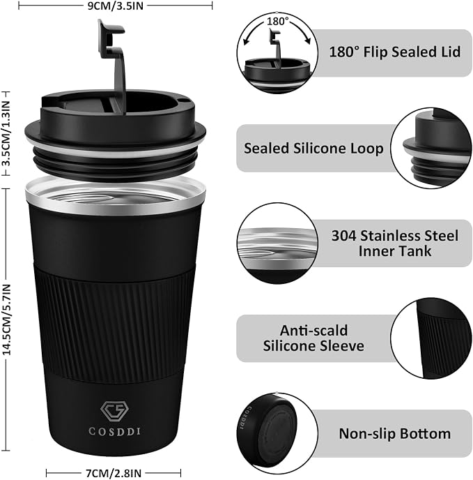 CS COSDDI 12 oz Stainless Steel Insulated Coffee Tumbler, Spill Proof Travel Mug with Lid for Hot & Cold Drinks, Car Cup Holder Friendly, Black