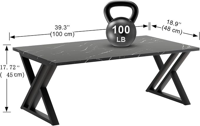 Wolawu Coffee Table Living Room Table Black Center Table, Simple Modern Faux Marble Rectangular Tea Table with Sturdy Black-Finished Metal Frame,Industrial Wooden Coffee Table for Bedroom Home Office
