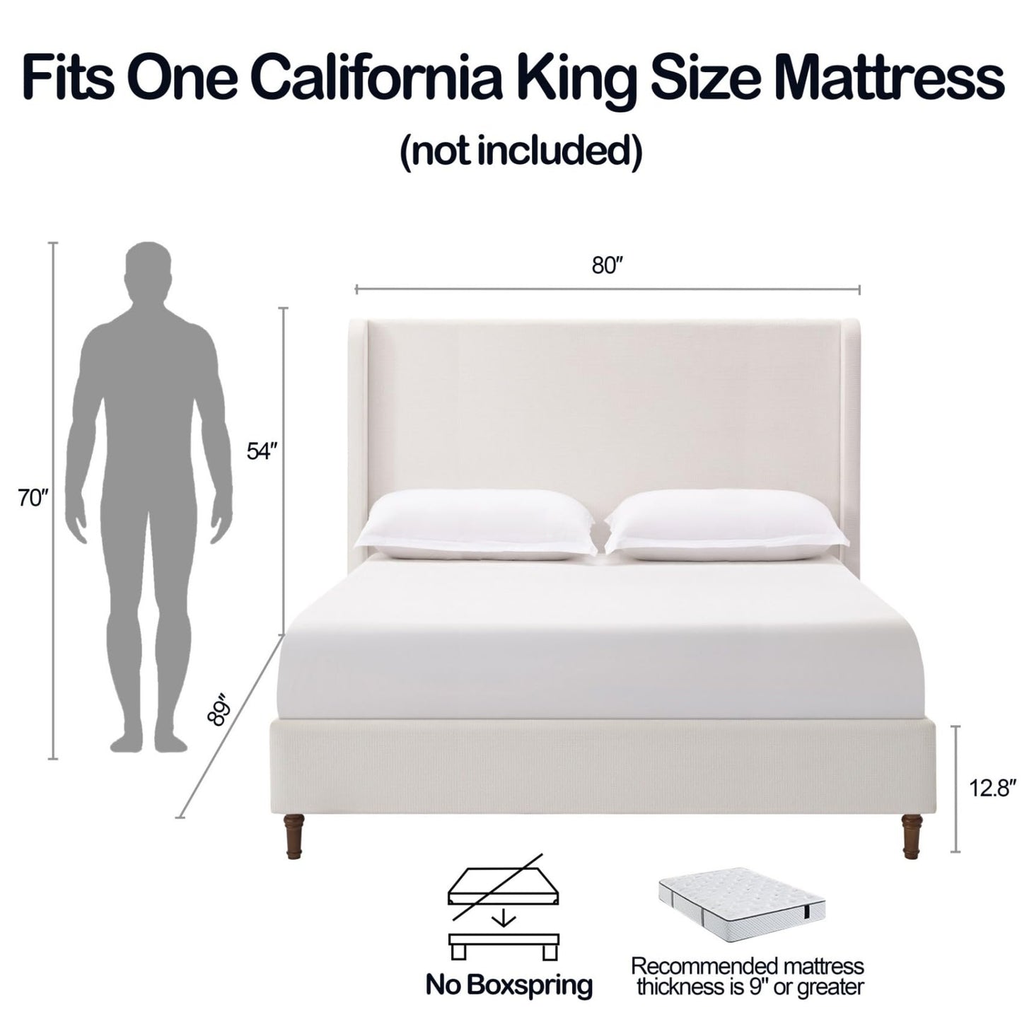 KEIKI Chenille California King Size Bed Frame, 54" Tall Headboard Upholstered Platform BedFrame with Wingback, Elegant Simplicity, No Box Spring Needed, Solid Oak Wood Feet, Cream White