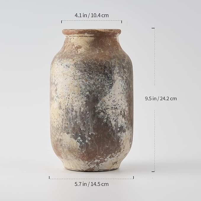 SIDUCAL Rustic Ceramic Farmhouse Flower Large Vase, Whitewashed Terra Cotta Vase, Pottery Decorative Flower for Home Decor, Table, Living Room Decoration, Shelf Decor, Mantel, 9.5 Inch, Terra