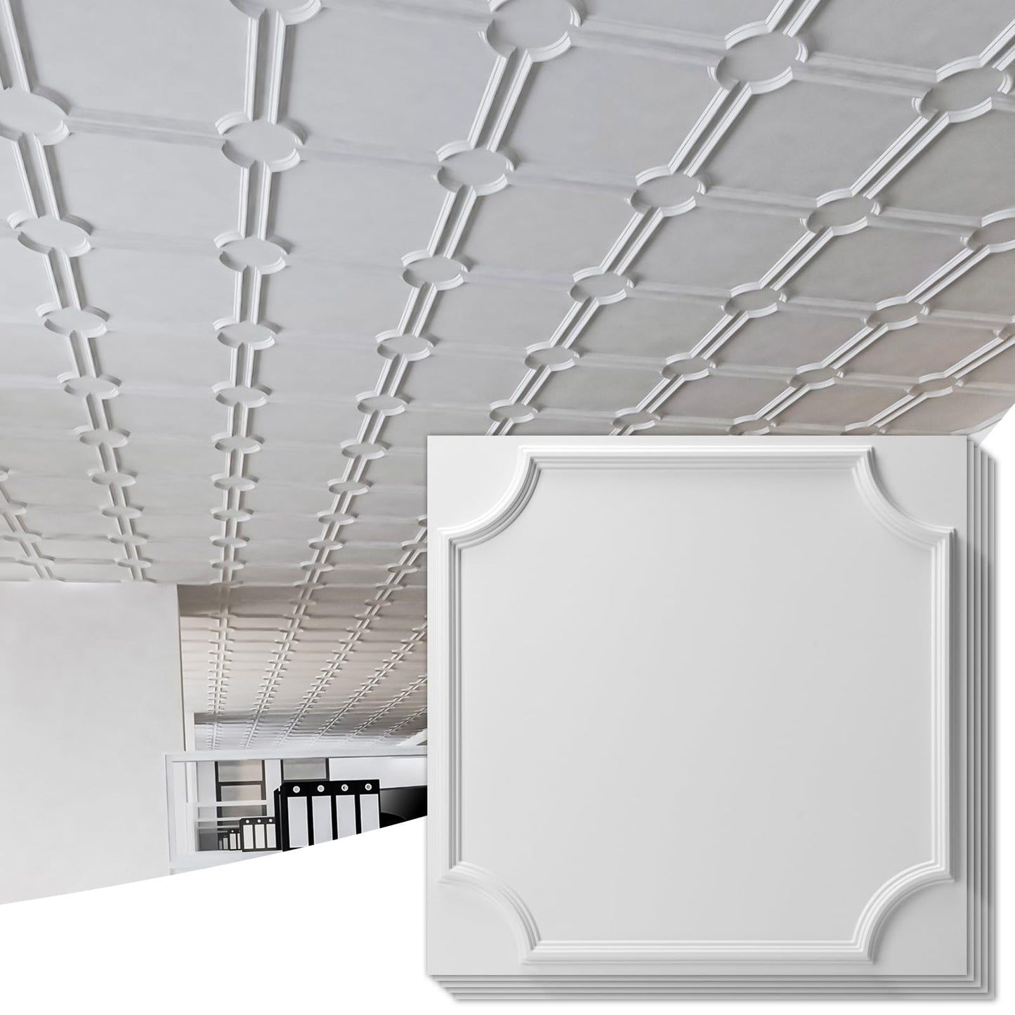 Art3d 2x2 Ft Drop Down PVC Ceiling Tiles, 3D Textured Glue up Ceiling Panel for Office Living Room Home Decor - 12-Pack Covers 48 Sq.Ft, White