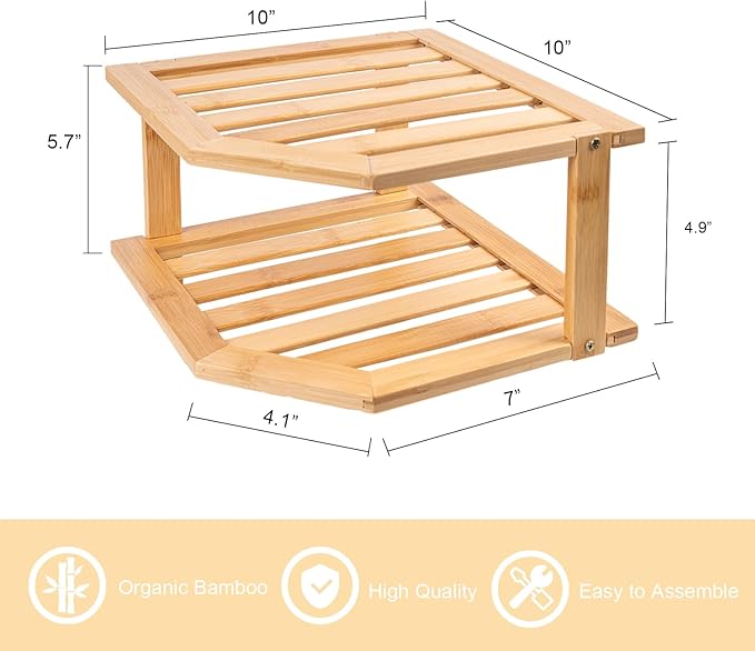 VERTORGAN Bamboo Corner Shelf(3 Pack),2 Tier Plate Organizer for Cabinet and Countertop,Pantry Dish and Spice Rack for Kitchen