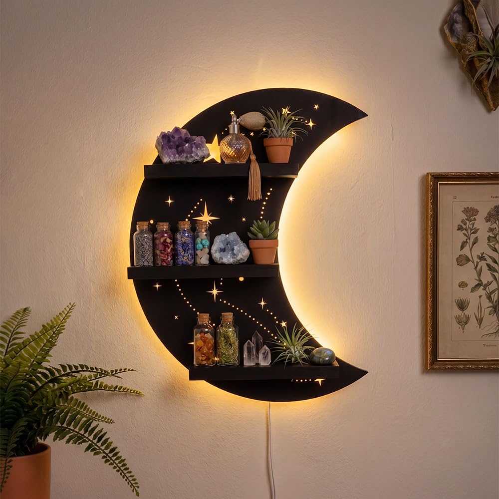 FNYDOX Crescent Moon Shelf with LED Light, Trinket Display Shelf & Moon Wall Light for Rocks Gems Healing Stones Crystals Display, Celestial Decor Crystal Holder Witchy Wall Decor