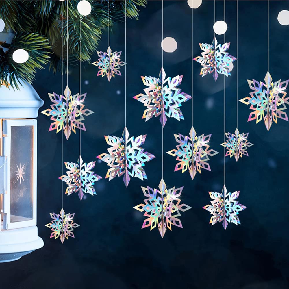 YsesoAi Winter Christmas Hanging Snowflake Decorations 15Pcs, 3D Iridescent Paper Snowflakes Rainbow Snow Flakes Garland for Winter Wonderland Holiday Frozen Christmas Birthday Party Home Decorations