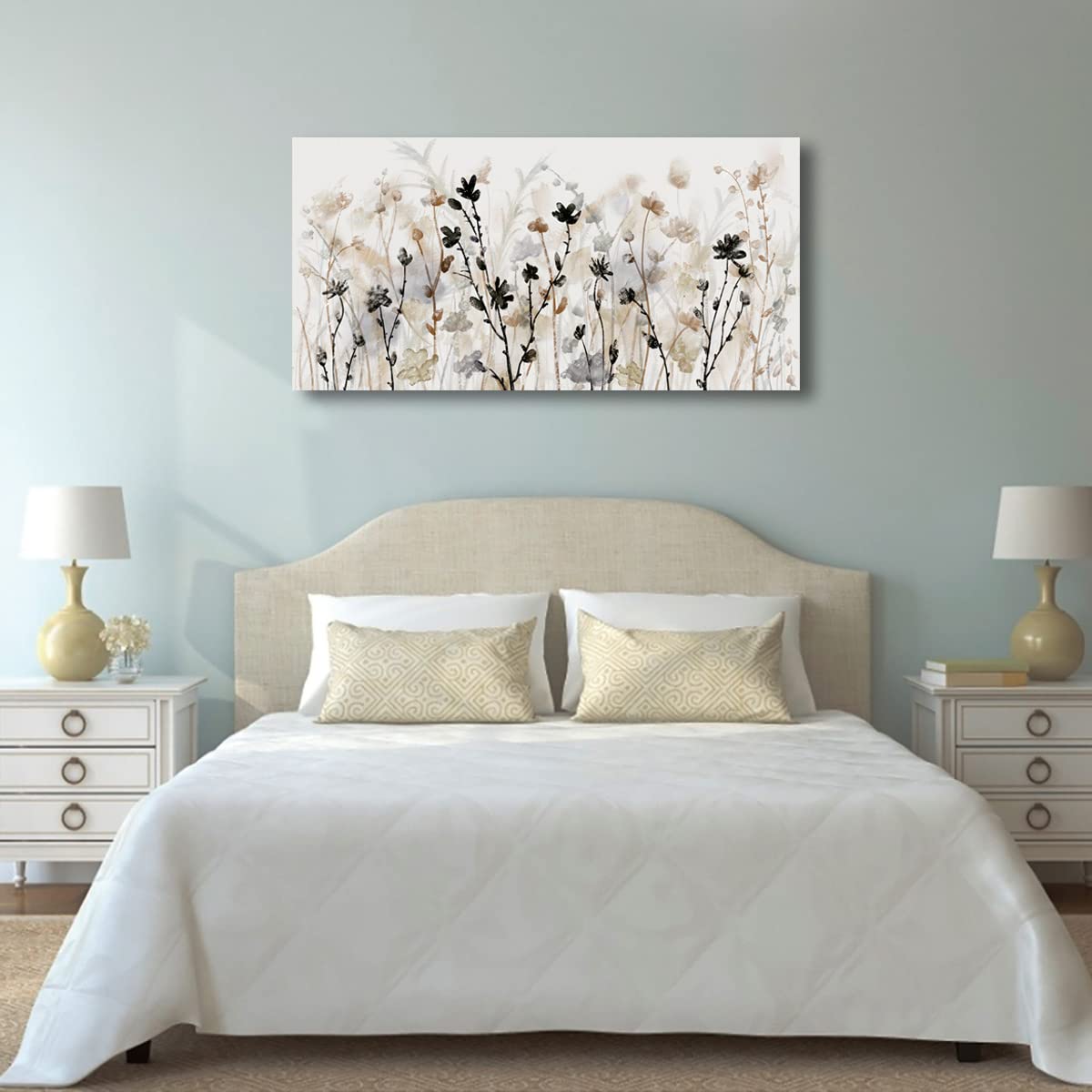 Framed Flower Canvas Wall Art Abstract Grey Cream Brown Wildflowers Canvas Pictures Landscape Artwork Canvas Prints for Home Living Room Bedroom Kitchen Office Wall Decor Ready to Hang 24"x 48"