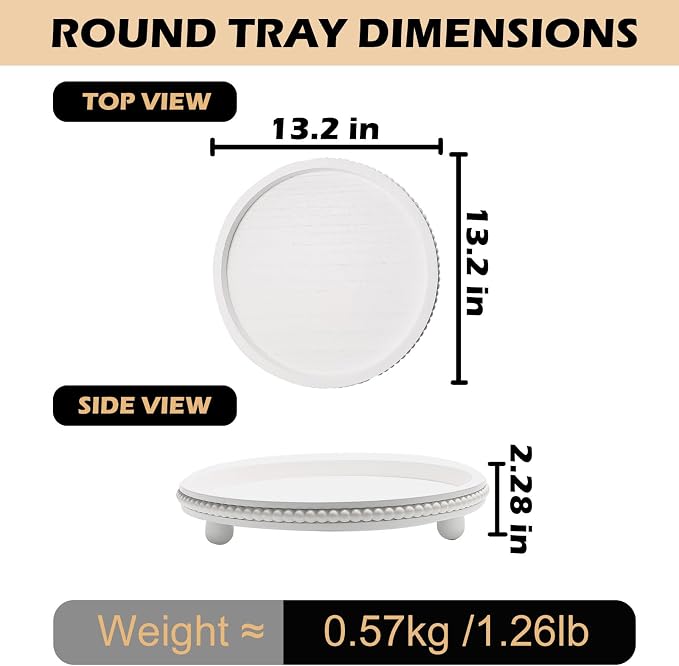 Wooden Beaded Decor Tray for Coffee Table, Rustic Wooden Trays Table Centerpieces, Decorative Trays for Home Decor Kitchen Table Farmhouse Serving Tray (Round White)