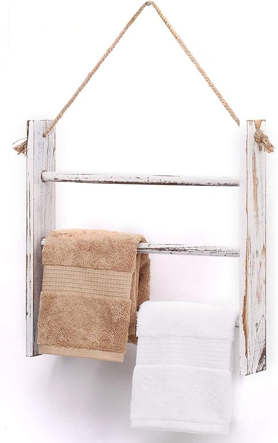 Rustic Wood Ladder Hand Towel Rack for Bathroom, Farmhouse Blanket Ladder for Living Room Hanging Decorative Rack for Blankets Whitewashed Towel Rack with Rope (Whitewashed)