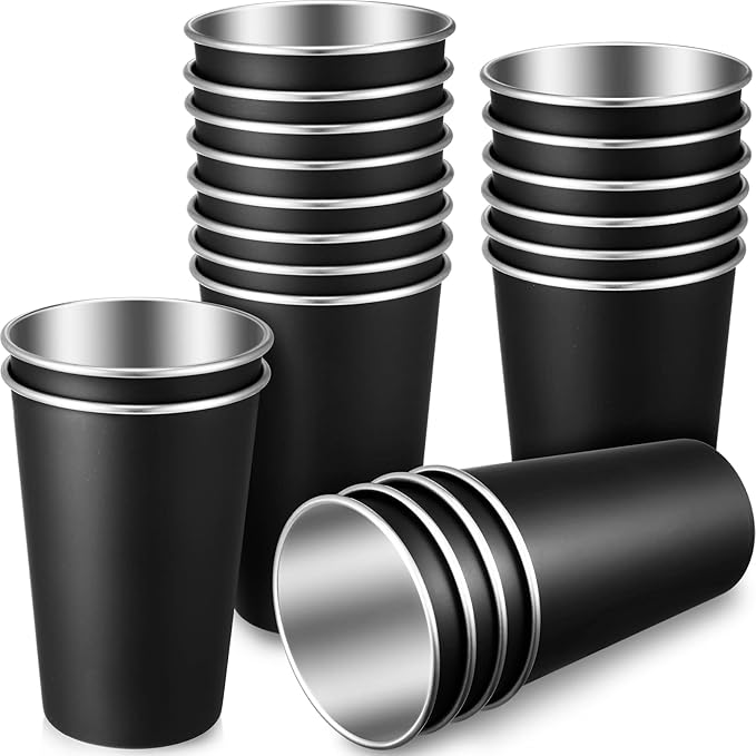 Mimorou 20 Pack 16 oz Stainless Steel Pint Cups Metal Cups Unbreakable Drinking Water Tumblers Stackable Tumbler for Adults Bar Home Restaurant Travel Picnic Camping Outdoor (Black)