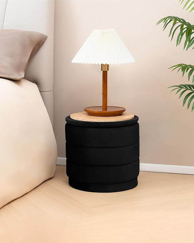 B FSOBEIIALEO Round Velvet Storage Ottoman with Tray, Folding Ottoman with Storage Coffee Table Foot Rest for Dorm Room, Living Room Black, 15.35"x15.35"x14.57"