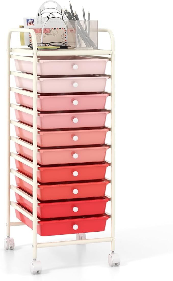 COSTWAY 10-Drawer Rolling Storage Cart, Utility Mobile Trolley with Removable Drawers & Universal Casters & 2 Brakes, Versatile Flexible Drawer Organizer Cart for Home, Office, Mixed Pink
