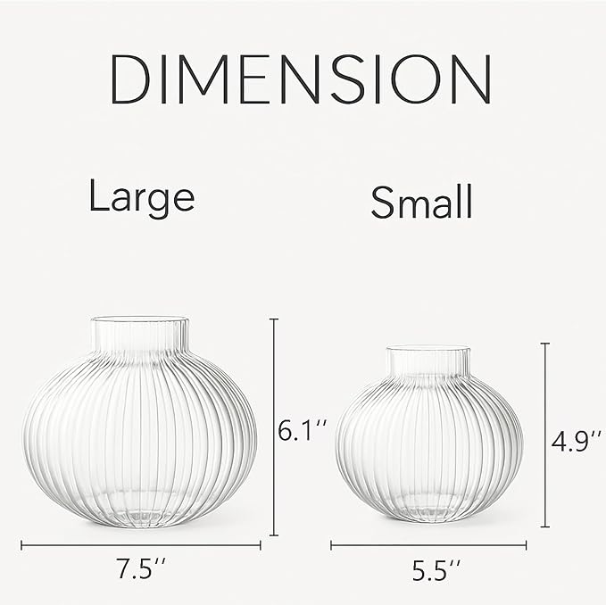 Round Glass Vases Set of 2, Flower Vases for Bouquet, Ribbed Glass Vase for Flowers, Small Clear Vase for Living Room, Office, Coffee Table, Shelf, Wedding