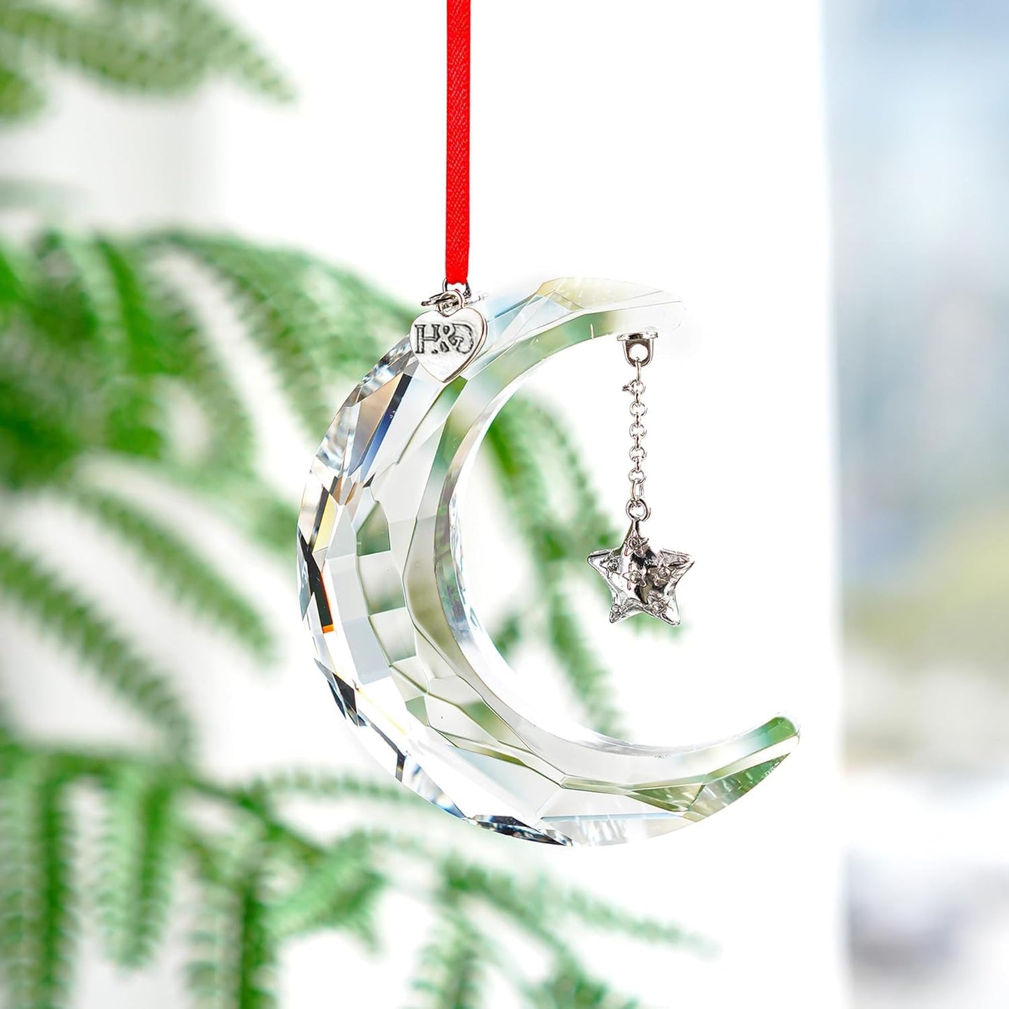 H&D HYALINE & DORA 2026 Christmas Moon Ornament Crystal Christmas Moon Hanging Ornament Clear Crystal Suncatcher Ornament for Xmas Winter Party Home Decor