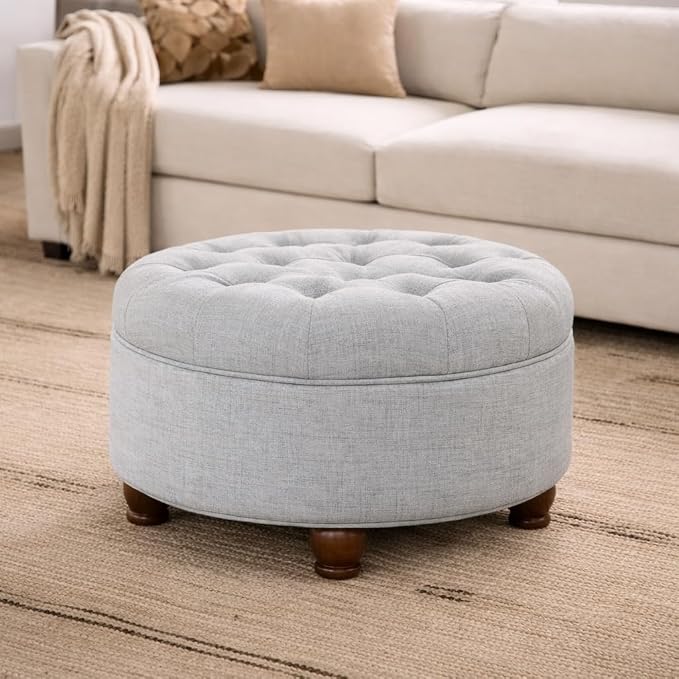 Homepop Home Decor | Button Tufted Woven Round Storage Ottoman | Ottoman with Storage for Living Room & Bedroom (Light Blue)