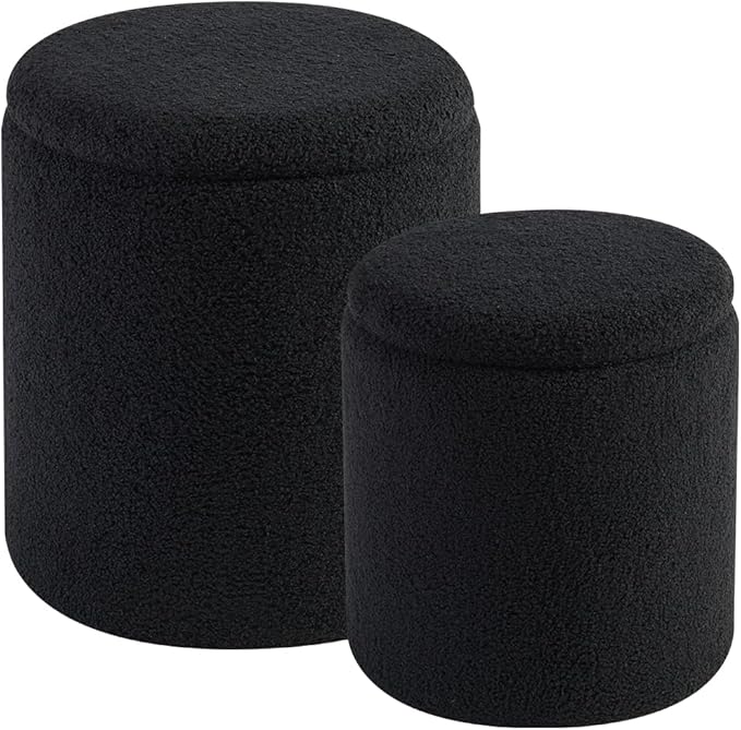 Round Ottoman with Storage Set of 2 - Upholstered Sherpa Vanity Stool for Makeup Multifunctional Ottomans Coffee Table Padded Seat Foot Rest for Living Room & Bedroom (Sherpa, Black)