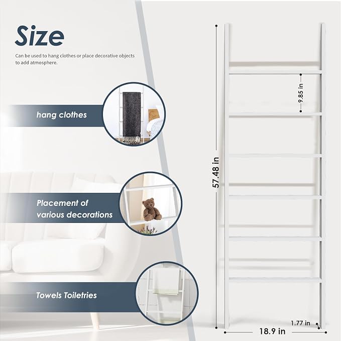 Delywh Wood Blanket Ladder, 57.5'' Rustic Towel Quilt Throw Blanket Ladders for The Living Room, Bedroom, Nursery Stand Holder, Wooden Decorative Ladder for Blankets Rack Farmhouse Home Decor, White