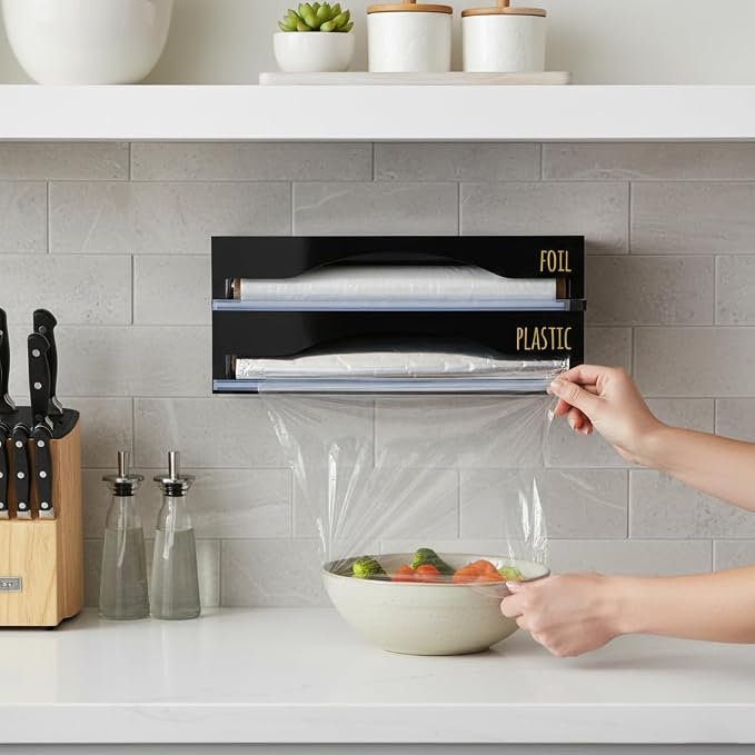 OnDisplay Luxe Acrylic 2-in-1 Plastic Wrap/Wax Paper/Aluminum Foil Dispenser for Drawer or Wall Mountable - Cling Wrap/Parchment Paper/Tin Foil Holder for Kitchen (Black 2-in-1)