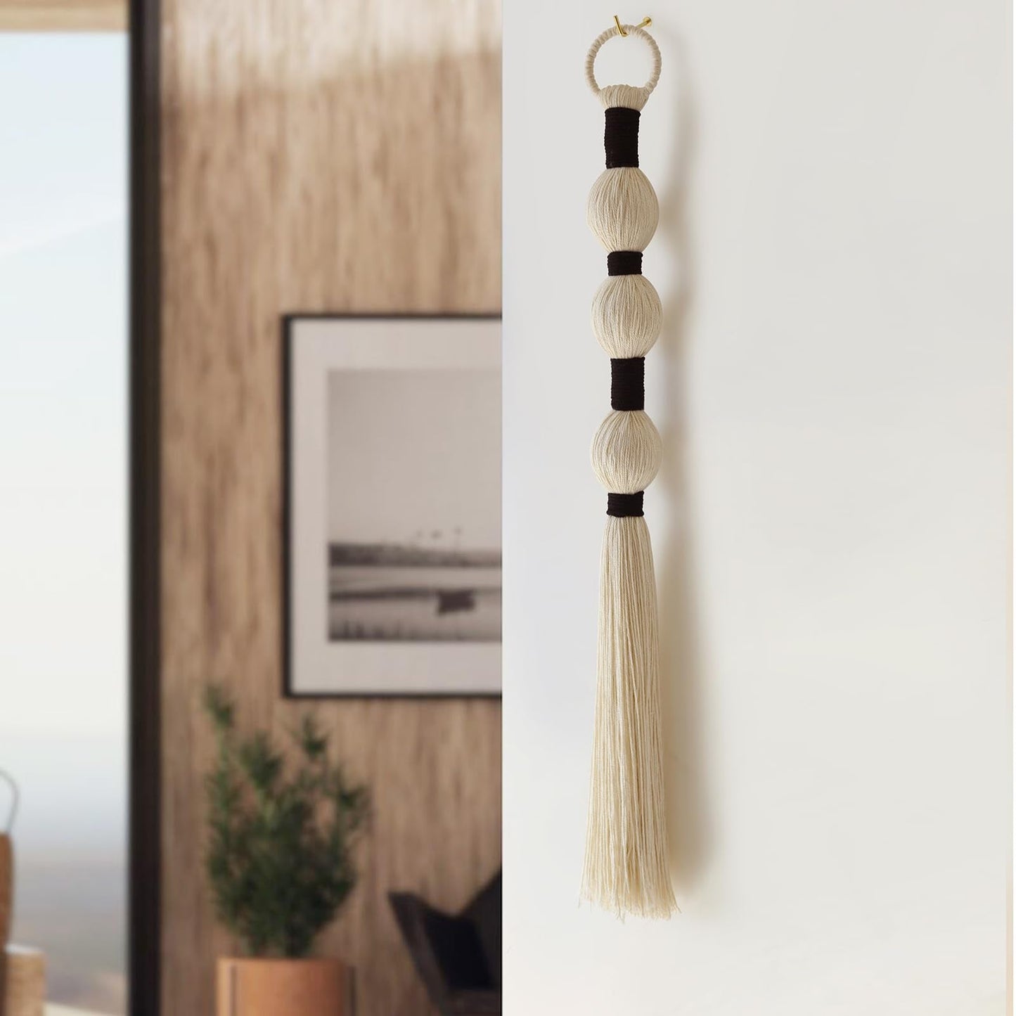 IOWER Macrame Wall Hanging Boho Wall Decor Small Sphericity Cotton Textile Tassel Hanging Fiber Yarn Art for Living Room Bedroom 27'' L x 2.3'' W