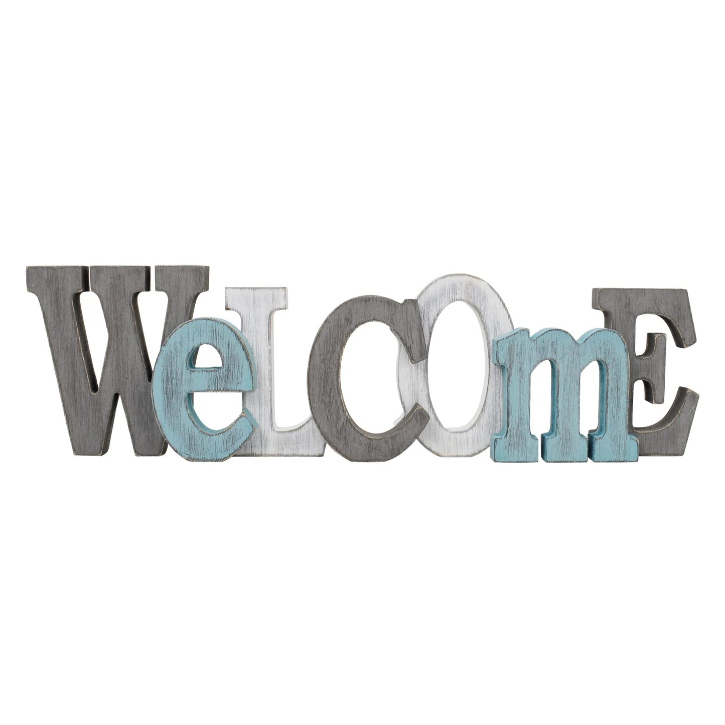 Morning View Wooden Welcome Sign Decorative Hanging Word Signs Table Top Cutout Block Letters Standing Welcome Letter Sign Wall Decor for Living Room Home Decor Shelf Mantel (Aqua)