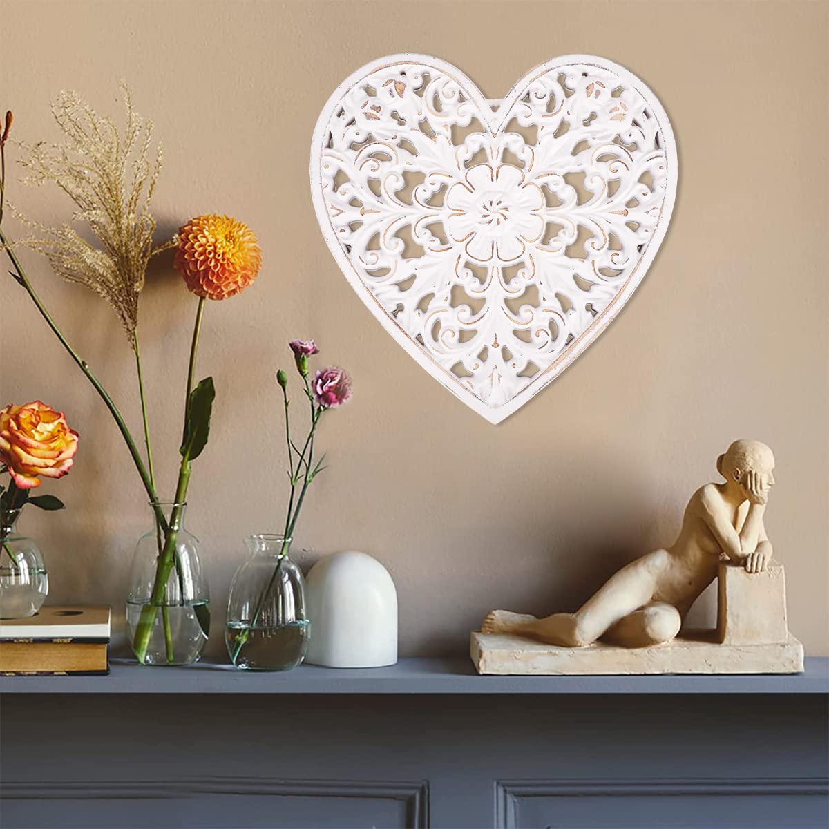 HOTBEST Wooden Wall Decor Floral Hollow Carved Wall Panel Hanging Decor Rustic Art Sculpture Home Ornament for Hallway Bedroom Living Room Cafe Office (Heart Shape 30 * 30cm)