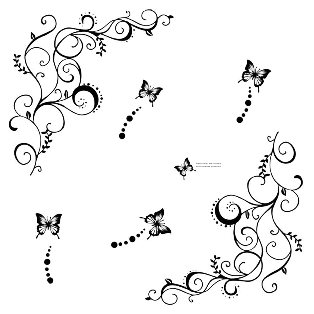 Hot Fashion Removable Vinyl DIY Black Nursery Flowers Vine and Beautiful Butterfly Wall Corner Decals Wall Sticker Murals Home Art Decor for Girls Kids Bedroom Living Room Home Decorations