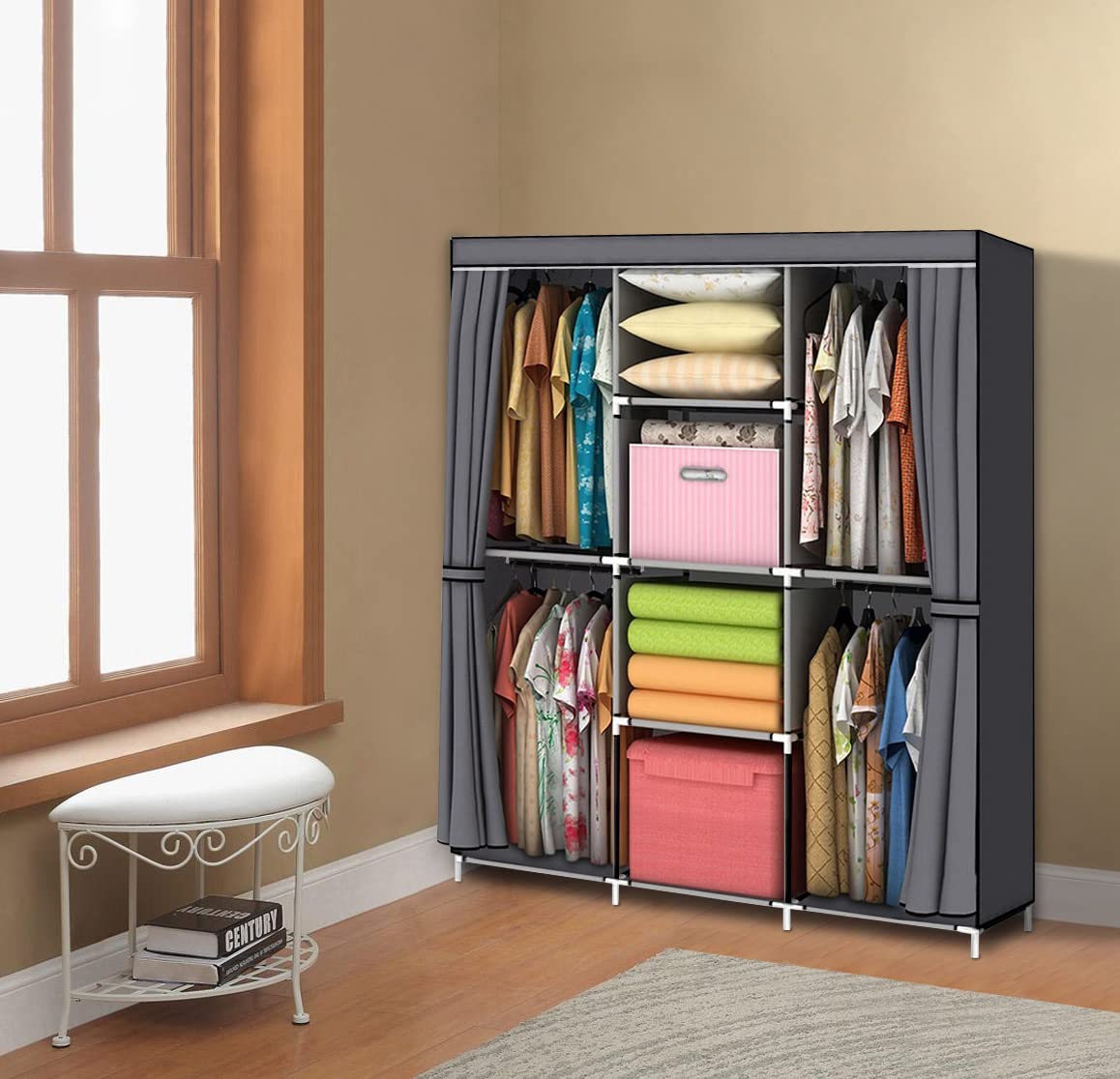 YOUUD Portable Closet 50 Inch Wardrobe for Hanging Clothes with Non-Woven Fabric Cover, 4 Hang Rods and 4 Storage Organizer Shelves, Black, Quick and Easy Assembly