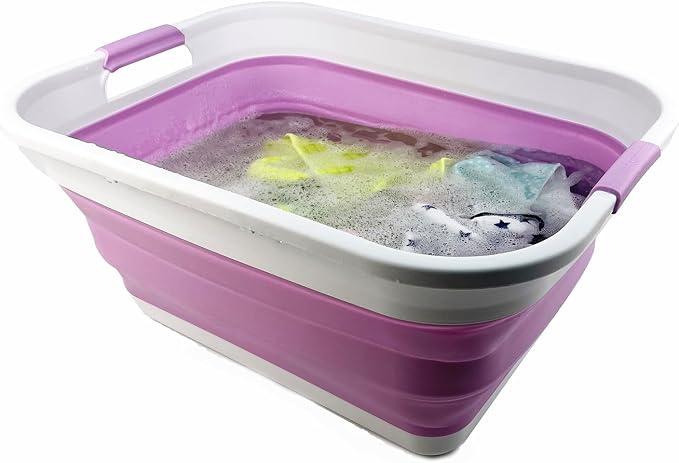 SAMMART 41L (10.8 gallon) Collapsible Plastic Laundry Basket - Foldable Pop Up Storage Container/Organizer - Portable Washing Tub - Space Saving (Rectangular, Ceramic Blue+Pale Purple (Set of 2))