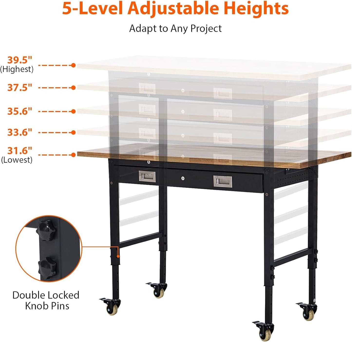 Workbench Adjustable Heavy-Duty 60" L X 22" W Workbench with Power Outlet, Drawers, Pegboard, and Wheels – 2200 Lbs Capacity Rubber Wood Top, Rolling Work Benchesfor Garage, Workshop, Home, Office