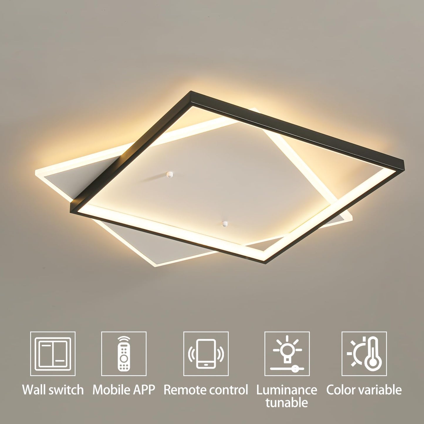 Shine LUEST Black Modern LED Bedroom Ceiling Light Dimmable Flush Mount Ceiling Light Fixture 22" Square Ceiling Lamp with Remote Control Kitchen Lighting Fixture Ceiling,Suitable for Bedroom,Hallways