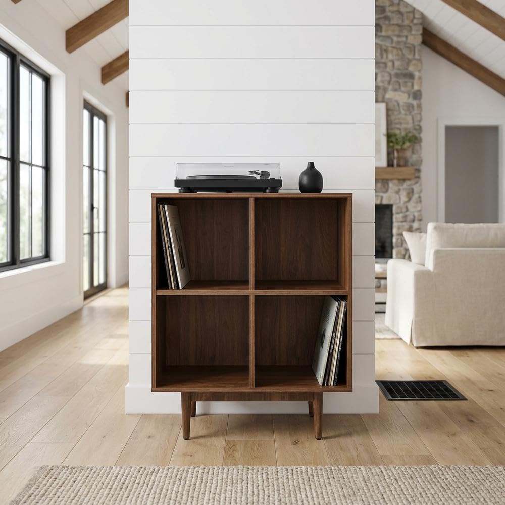 Furnifact Black 4 Cube Record Player Stand with Vinyl Storage, Modern Entertainment Center, Compact Design, Durable and Easy Assembly