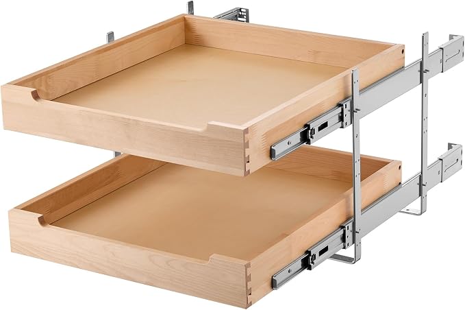 VEVOR 2 Tier Pull Out Cabinet Organizer, 20" W x 21" D Cabinet Drawer, Soft Close Slide out Shelf, Heavy-Duty Sliding Wood Drawer, Adjustable Base Cabinet Organization for Kitchen Pantry Bathroom