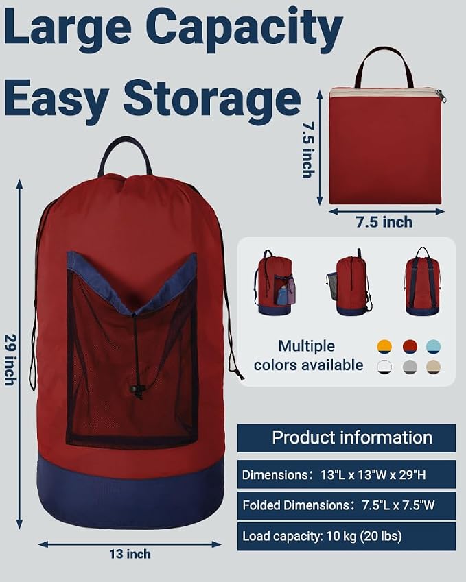 Laundry Bag with Shoulder Straps and Mesh Pocket Laundry Backpack Large Portable Laundry Hamper for College Laundromat Apartment