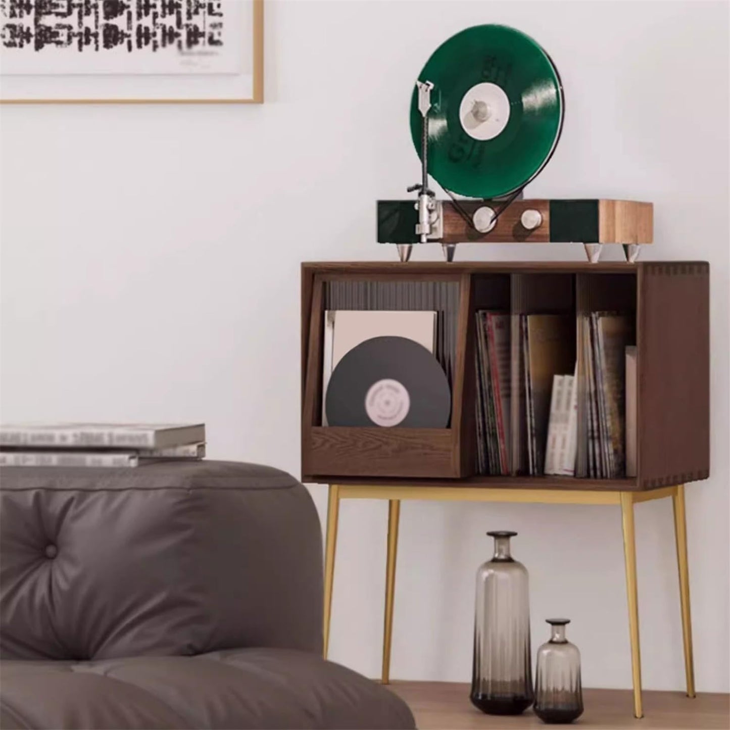 uP9sF2mD DVD Shelf Organizer Light Luxury Wooden Vinyl Record Cabinet with Sliding Doors, High Legged Books CD Storage Rack CD Storage Rack