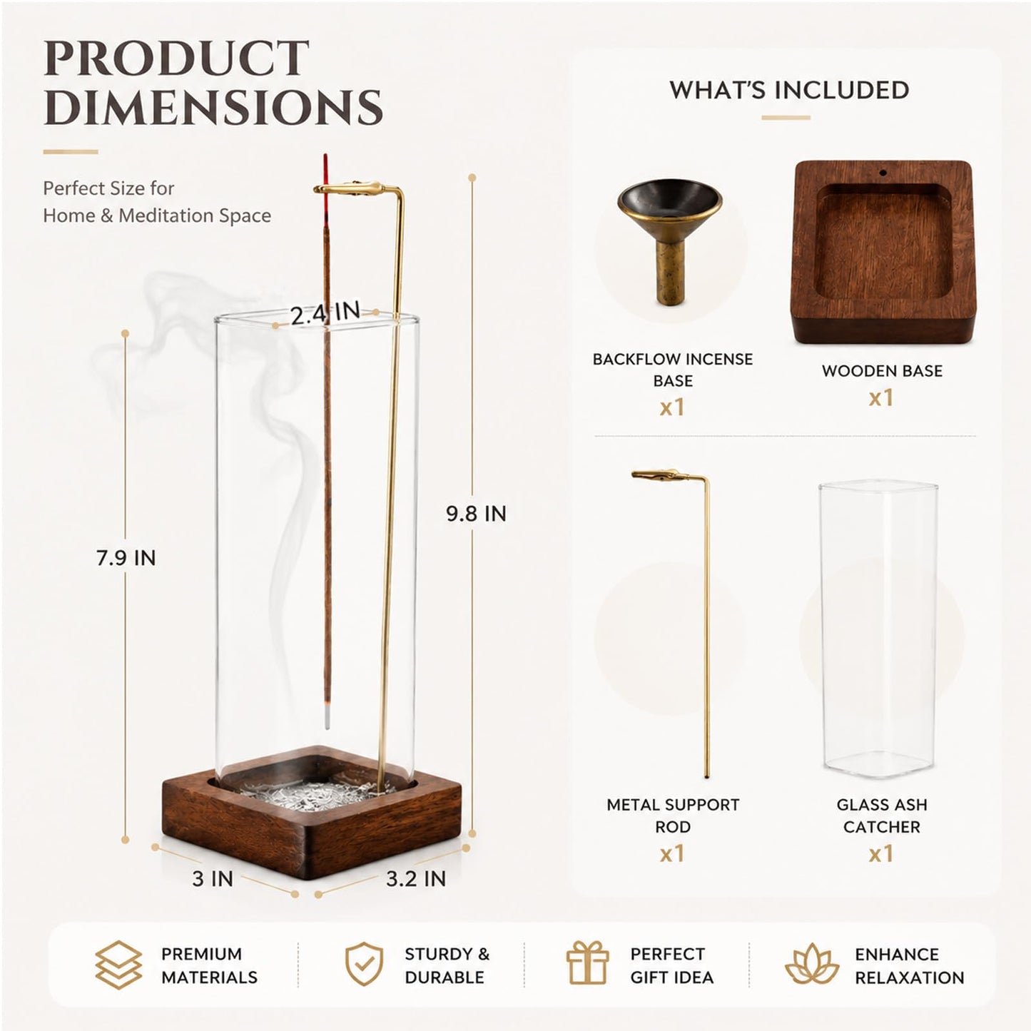 HZCPENG Glass Incense Holder, Hanging Incense Stick Burner with Ash Catcher, 2 in 1 Backflow Cone Holder on Wooden Base, Anti-Ash Zen Decor for Meditation, Yoga（Square）