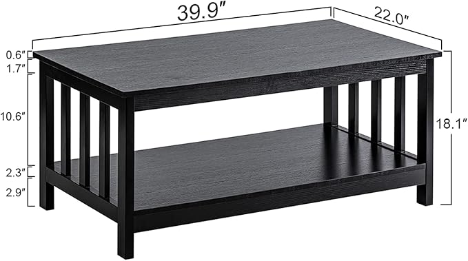 ChooChoo Mission Coffee Table, Black Wood Living Room Table with Shelf, 40 Black