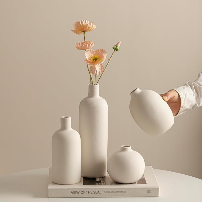 Modern Ceramic Vase Set, White Colors, Decorative Vases for Home Decor, 4 Piece Collection (White)