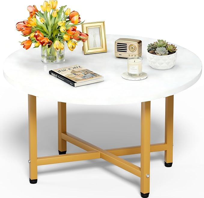 FAMIDGE Round Coffee Table, Small Coffee Tables for Living Room, Wood Coffee Table with Metal Frame, Floor Table Desk for Sitting on The Floor, Home, Office, Farmhouse, White & Gold (23.6"D x 17.7"H)