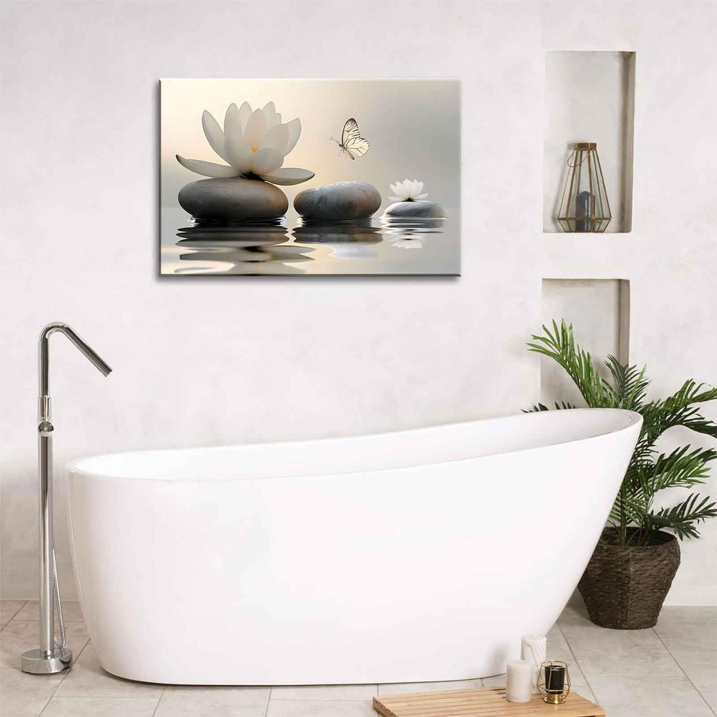Zen White Lotus Canvas Wall Art White Flower Yellow Butterfly on Lake Wall Decor Pictures Meditation Posters Prints for Bathroom Living Room Modern Spiritual Yoga Spa Bedroom Decoration