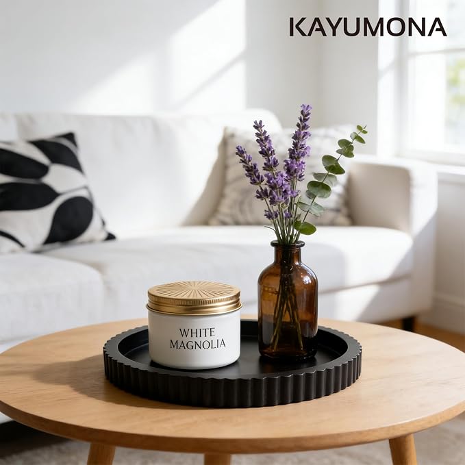 Modern Decorative Tray for Coffee Table, 11" Wooden Black Round Small Decor Tray for Candle, Perfume, Vanity, Kitchen Island Counter & Table Centerpiece