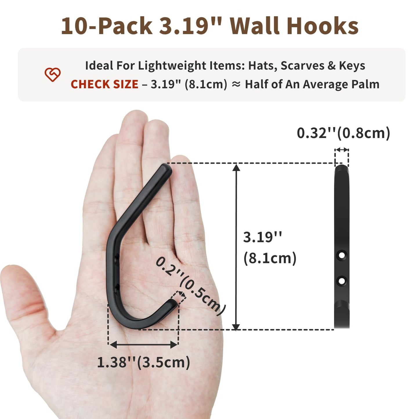 GWAAZXGZ Wall Hooks for Hanging Coats - 10 Pack Black 3.2'' Double Hook Design, Hat Organizers, Wall Mount Hangers for Bags and Keys, Perfect for Garage, Workshop, Entryway, Closet, and DIY Projects