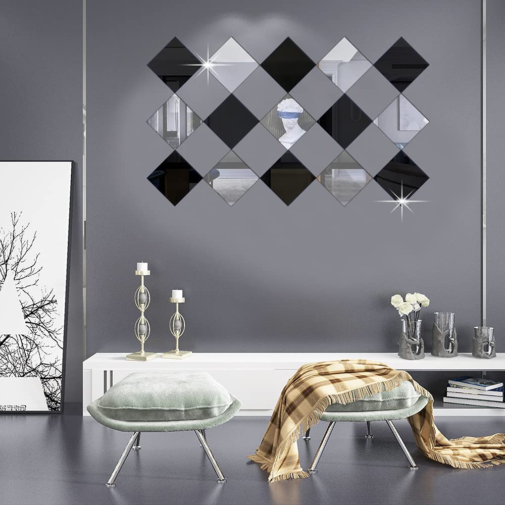 Betinyar 15 Pieces Removable Square Acrylic Mirror Wall Decor, Self-Adhesive Mirror Wall Sticker Decal, Non-Glass Mirror Stickers for Home Living Room Bedroom Decor (Black,Silver)
