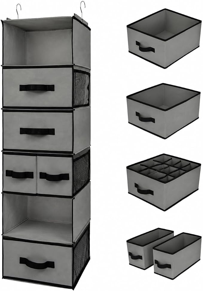 GRANNY SAYS Hanging Closet Organizer 6 Shelves, Closet Organizers and Storage with 5 Drawers, 6 Side Pockets Closet Hanging Organizer, Hanging Storage Organizer for Closet, Baby Clothes, Gray