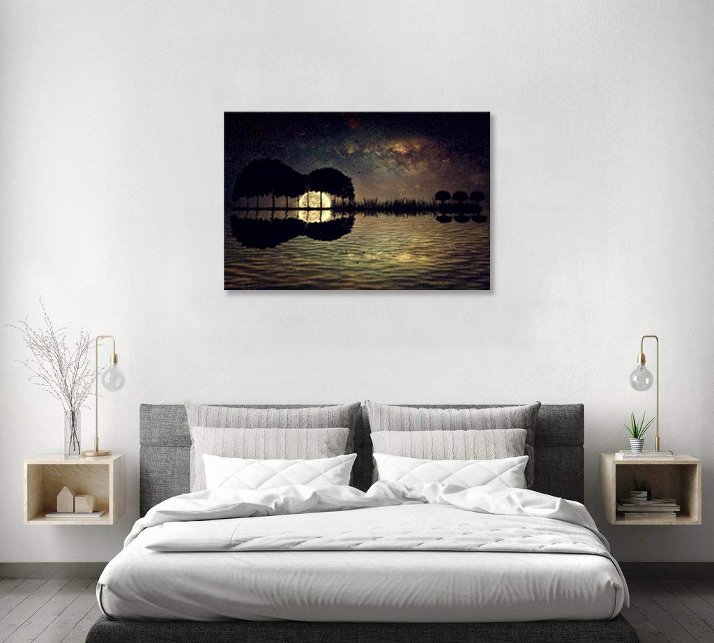 Urttiiyy Abstract Guitar Trees Arranged in a Shape of a Guitar on a Starry Sky Background in a Full Moon Night Guitar Canvas Wall Art Modern Home Music Decor Framed Ready to Hang