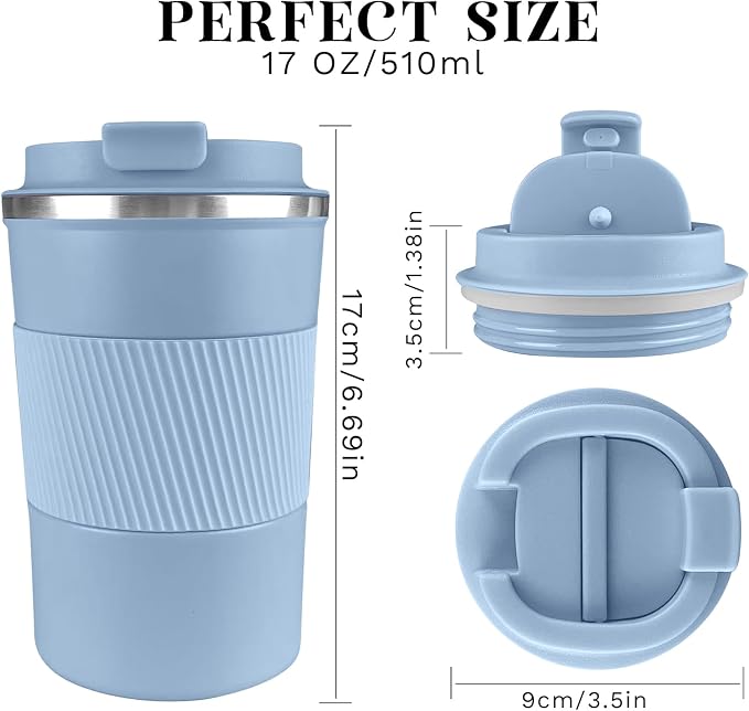 YINBAOGE Insulated Travel Coffee Mug, Spill & Leak Proof, Portable To Go Camping Stainless Steel Coffee Tumbler, Reusable Thermal Coffee Cup with Lid for Hot & Cold Drinks (Light blue, 17 OZ)