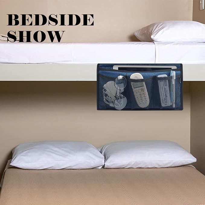 Gloppie Bedside Caddy with Pockets - Remote Holder & Storage Organizer - Blue