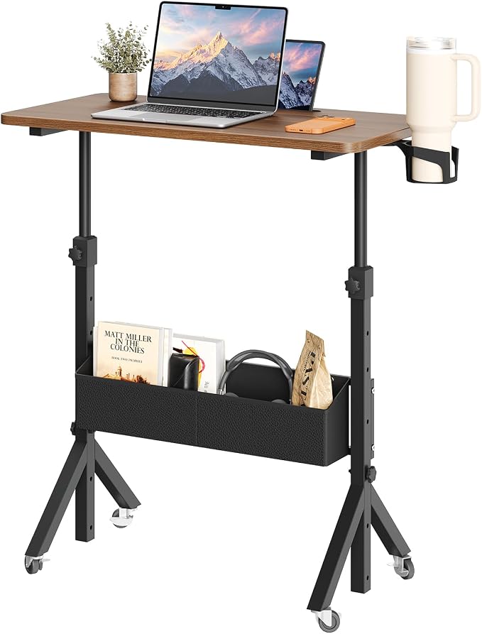ErGear Mobile Standing Desk with Wheels, Adjustable Height 28.3″ to 46.1″, Rolling Laptop Cart with Cup Holder, Storage Basket, Computer & Pen Slot, Home Office Stand Up Desk, Walnut (31.5″ x 15.75″)