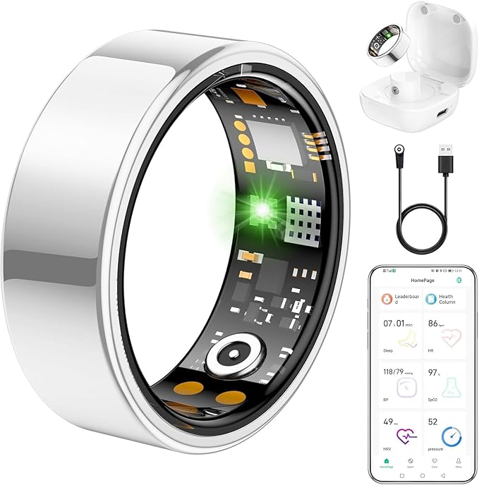 Ring Health Tracker for Women Men, Fit Ring with Heart Rate, Blood Oxygen, Sleep Monitor, Calories, Step Counter, IP68 Waterproof Smart Ring for iPhone & Android, No Subscription Fee (Silver, 7#)