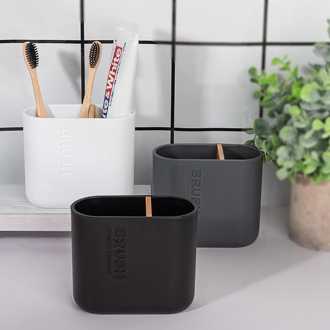 Toothbrush Holders Bamboo Electric Toothbrush Holder Bathroom Storage Organizer Countertop for Toothpaste, Floss, Razor, White
