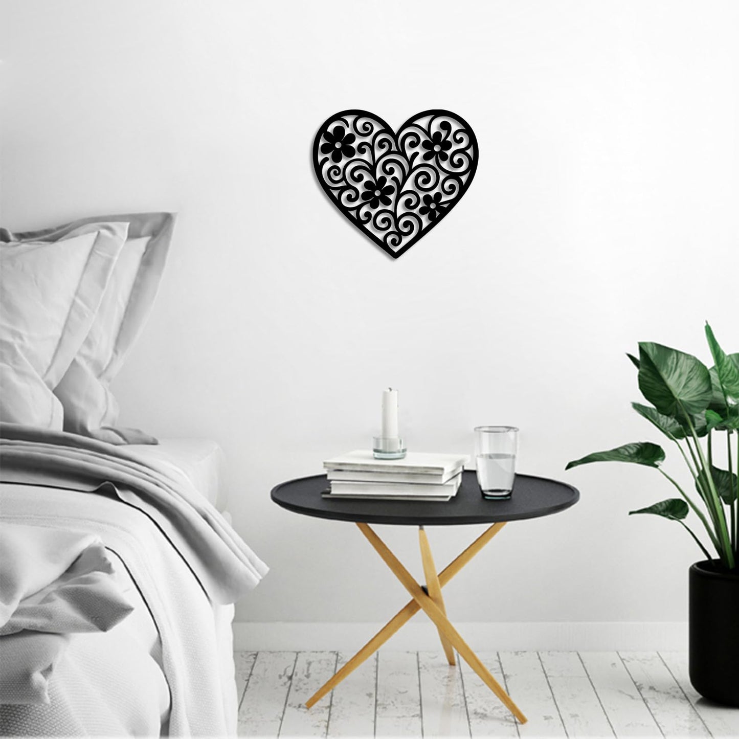 Vineland Black Metal Heart Wall Art, 11.8 Inch Modern Minimalist Sculpture, Floral Pattern Design for Living Room Bedroom Bathroom, Matte Finish Boho Home Decor